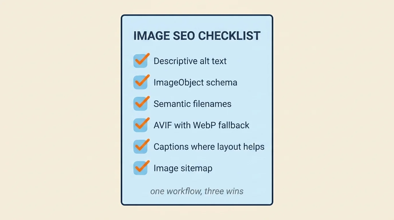 Image SEO checklist card with six items: alt text, schema, filenames, AVIF, captions and image sitemap