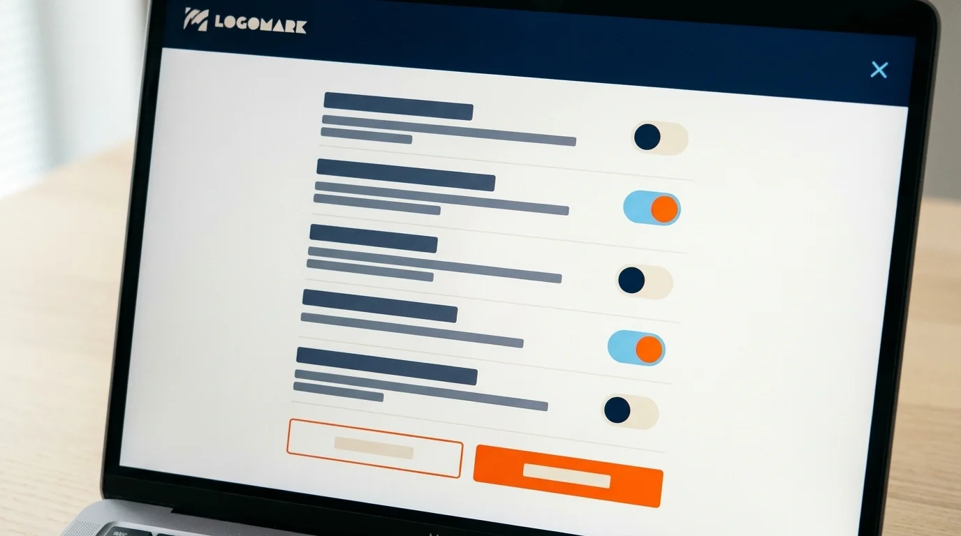 Laptop screen showing a consent management platform with granular toggles, reject-all and save-preferences buttons