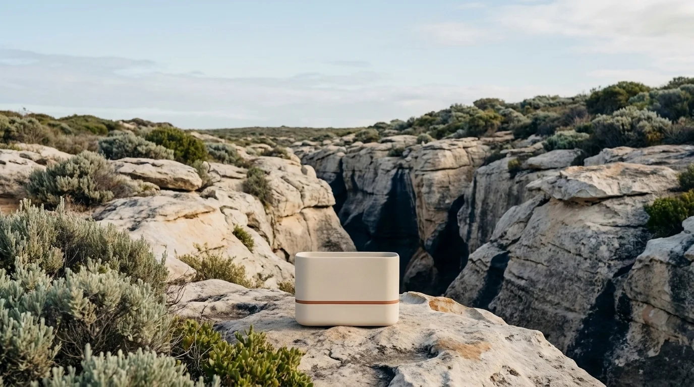 A rugged natural landscape meeting a minimal, well-made modern product, evoking environmental responsibility and durability