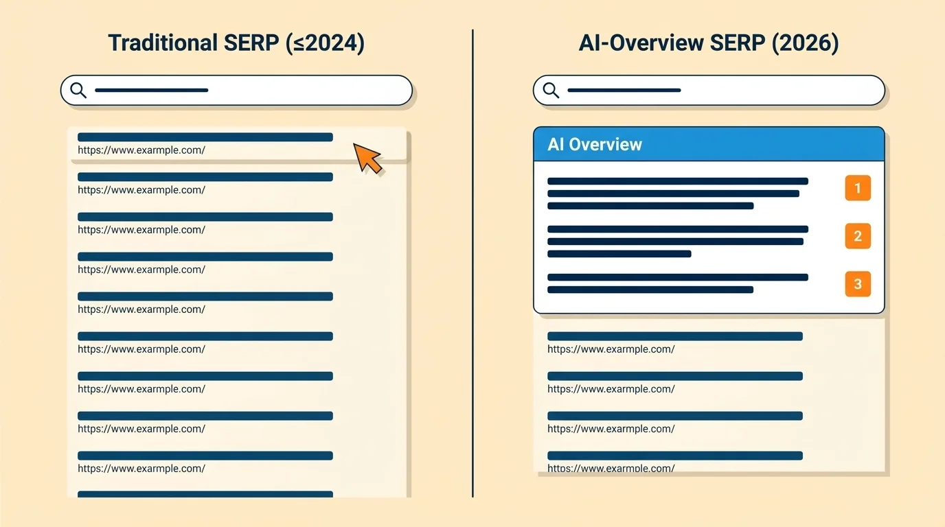 Side-by-side SERP comparison showing traditional ten blue links versus a 2026 AI Overview answer panel with citation icon