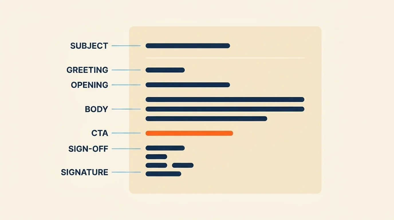 A professional email template card with seven callout labels — subject, greeting, opening, body, CTA, sign-off, signature