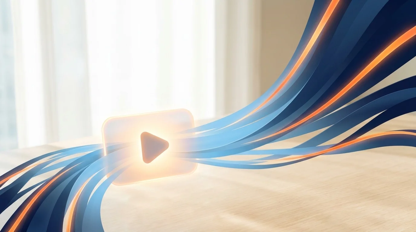 A single glowing video frame radiates warm light trails and upward-rising curves suggesting business growth