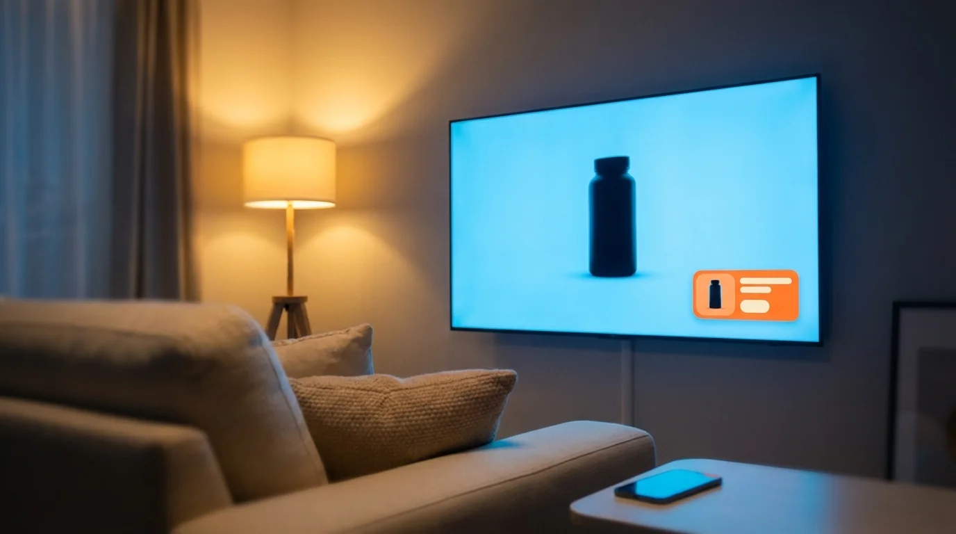 Smart TV showing a streaming ad with an overlaid vivid-orange interactive shoppable product card in a living room