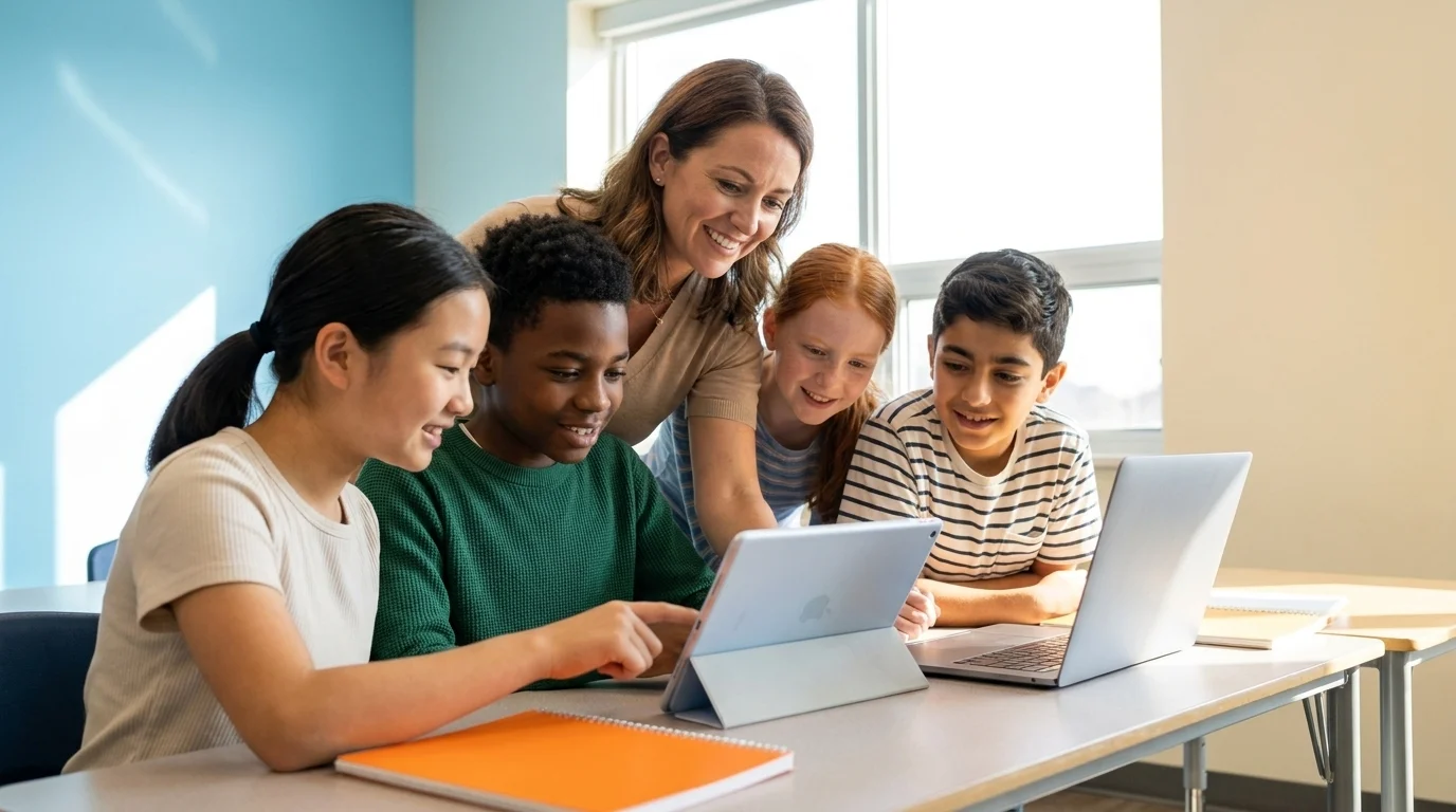 Secondary students of varied backgrounds work with a teacher around a tablet and laptop in a bright classroom