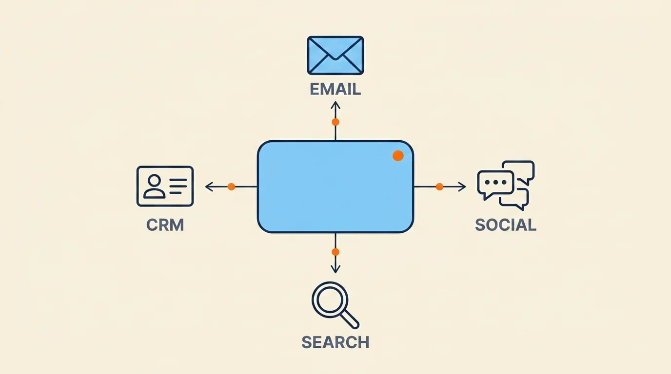 Agentic AI marketing hub diagram with a central agent node connected by arrows to email, social, search and CRM icons