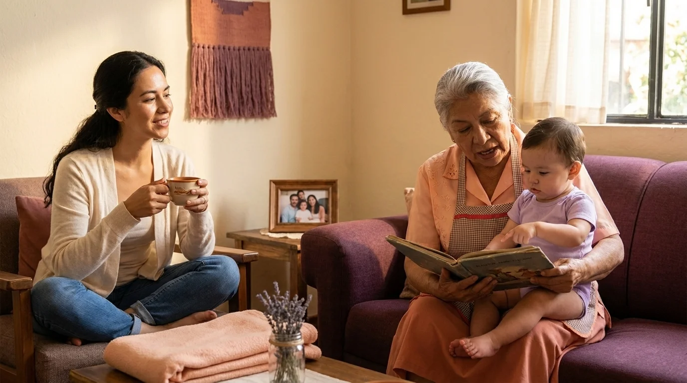 Grandmother reading aloud to a toddler on her lap while the mother sits nearby with tea — grandmother wisdom in practice