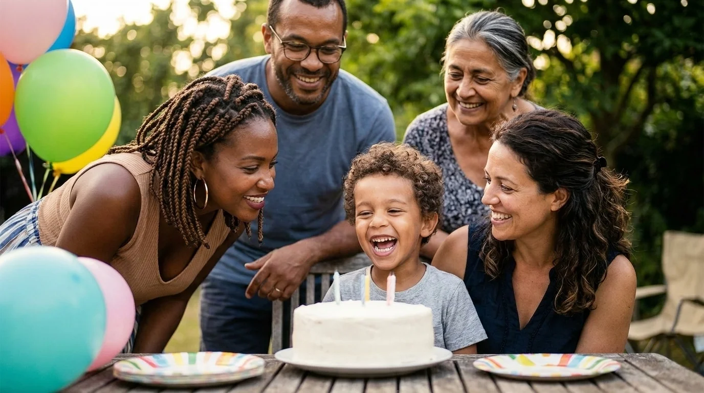 Three or four adults of different ages gathered around a school-age child at a Brazilian birthday party in afternoon light