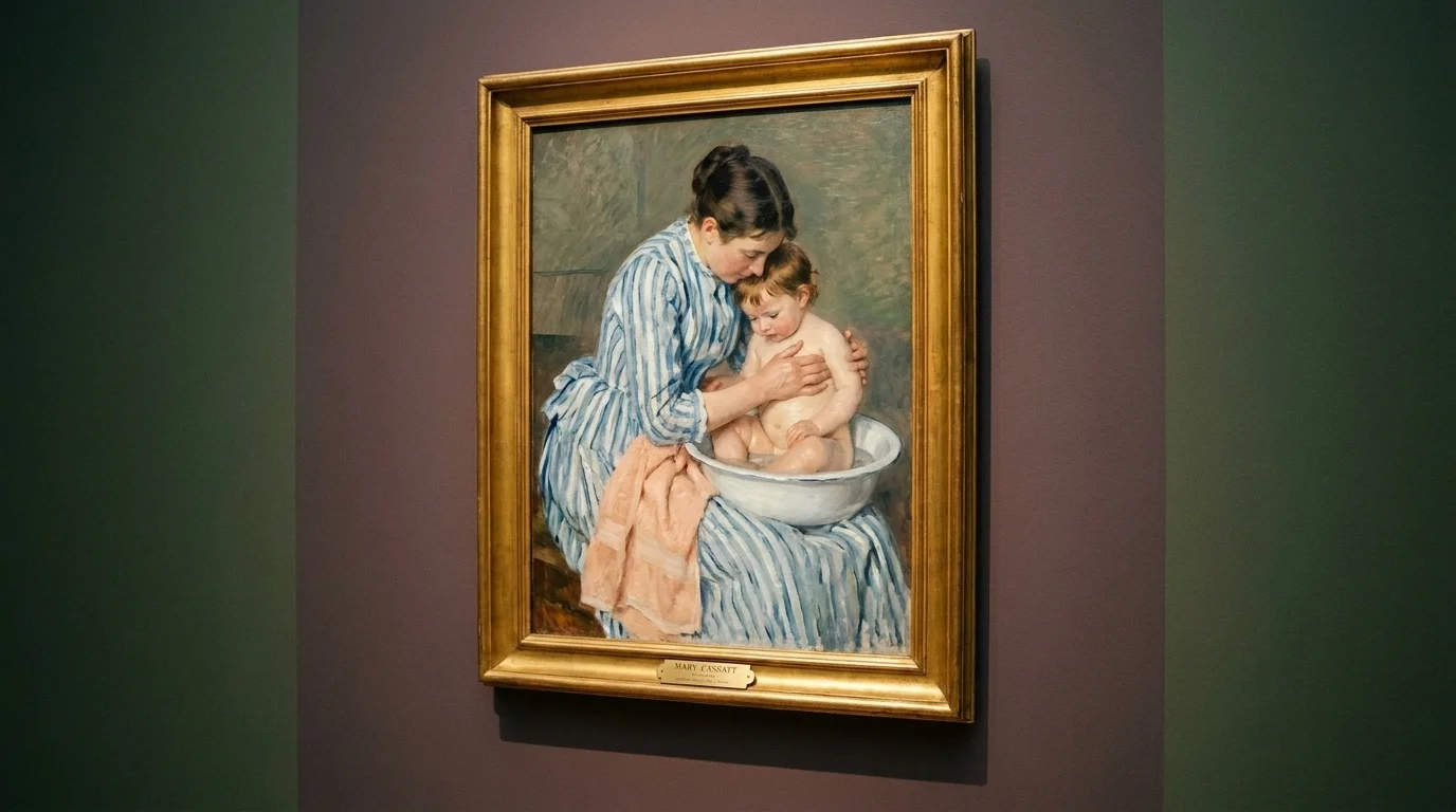 Cassatt-style mother-and-child painting on a muted green gallery wall, textured brushwork visible in raking light
