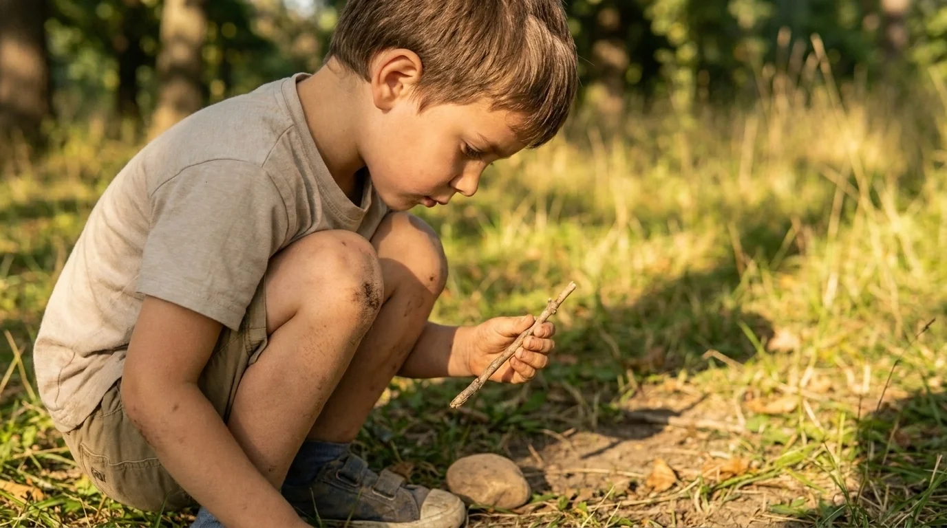 Young child with dirty knees holding a small stick and looking down at the ground in soft afternoon light