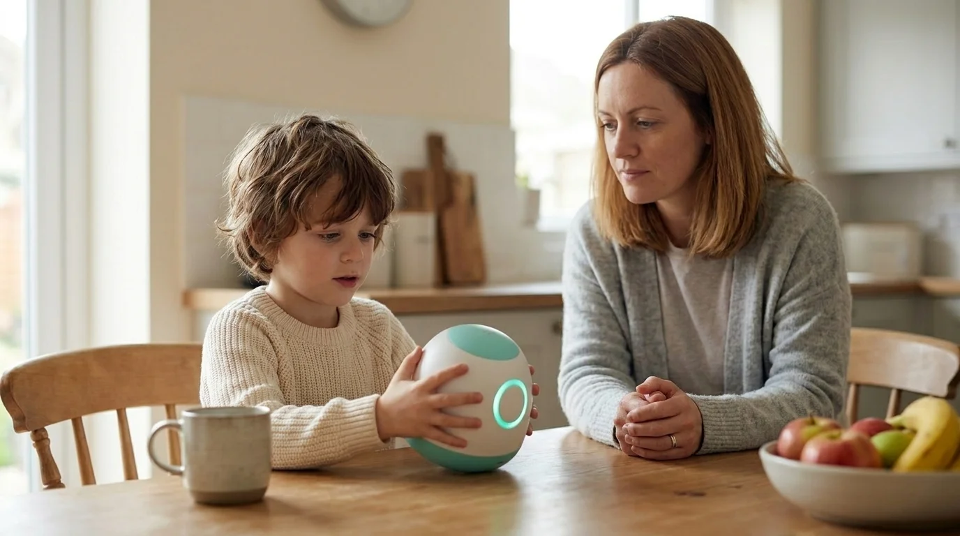School-age child examining an AI plush toy at the kitchen table while a parent watches alongside in soft light
