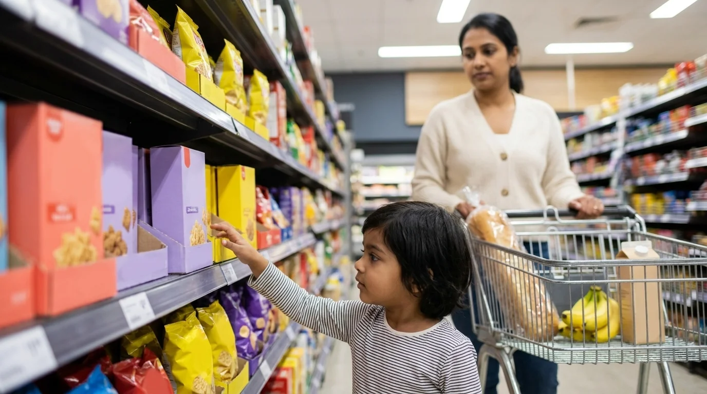 Child at eye-level reaching for a brightly-coloured snack on a lower supermarket shelf — pester power by aisle layout