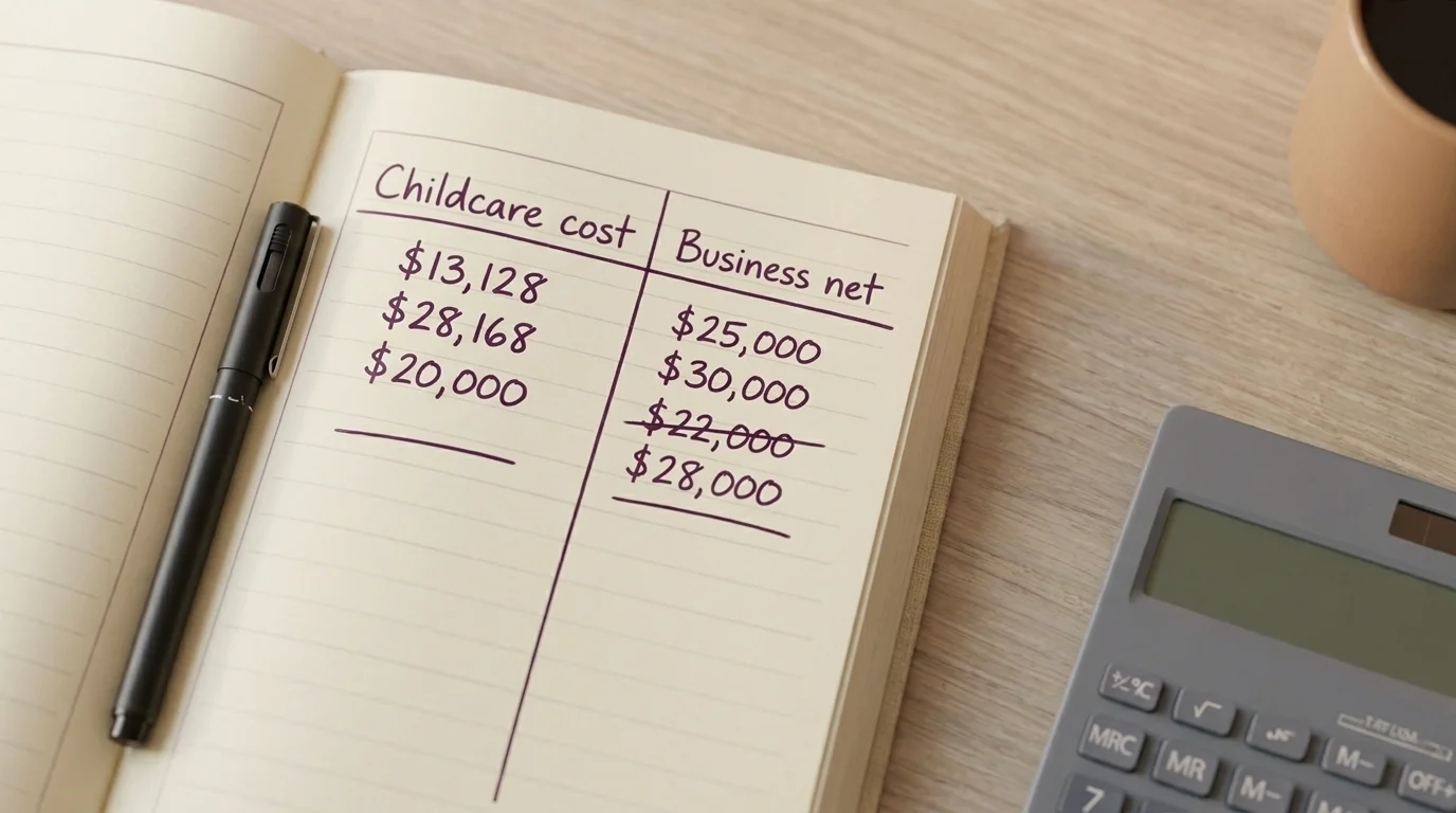 Notebook with two-column handwritten math labeled Childcare cost and Business net for a mom-owned business