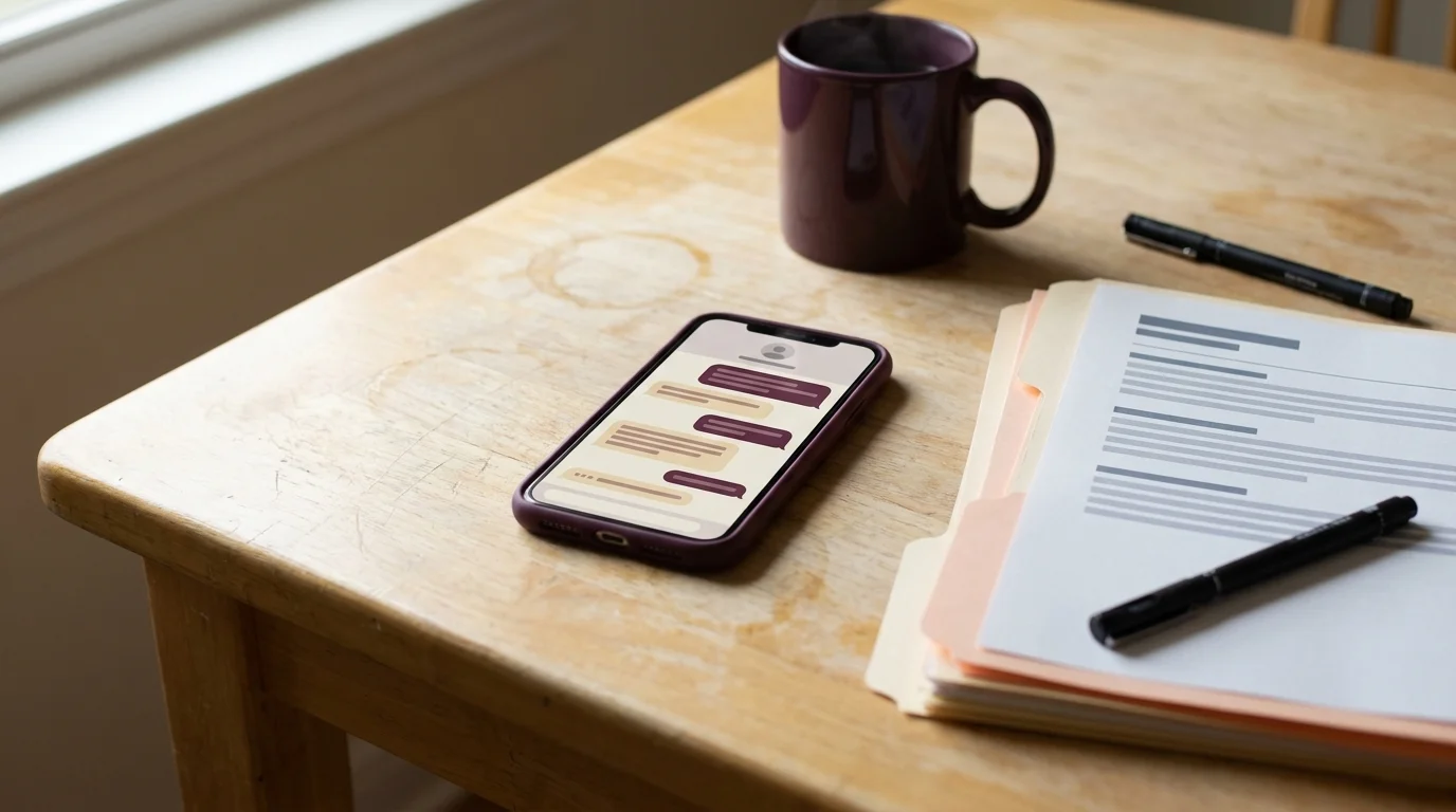 Phone on a kitchen table showing a muted chat interface, beside a stack of legal documents in soft natural window light