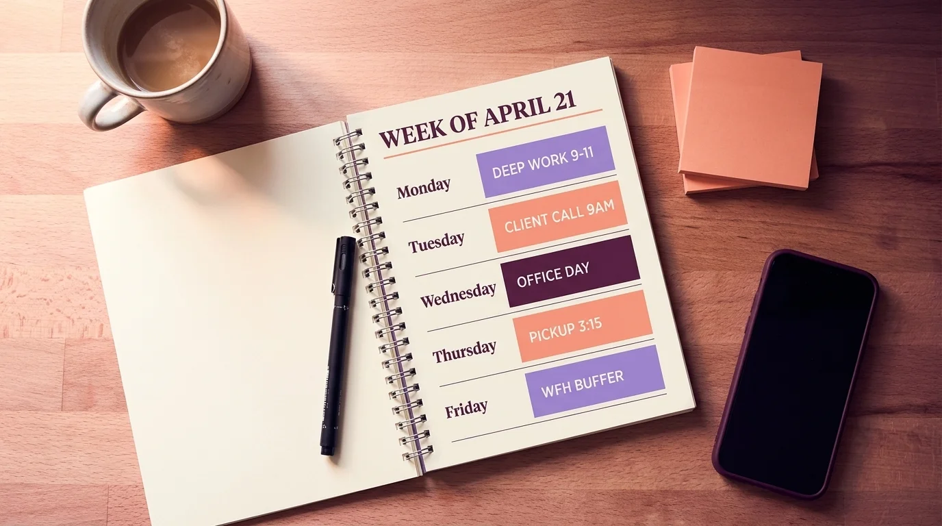 Planner "Week of April 21" with five colour-coded blocks: deep work, client call, office day, pickup, WFH buffer
