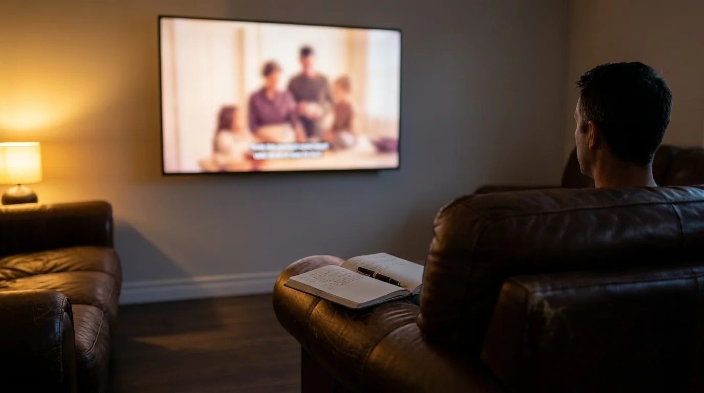 Darkened home cinema with a worn leather sofa, a parent alone with a notebook, and a paused soft-focus family film on screen