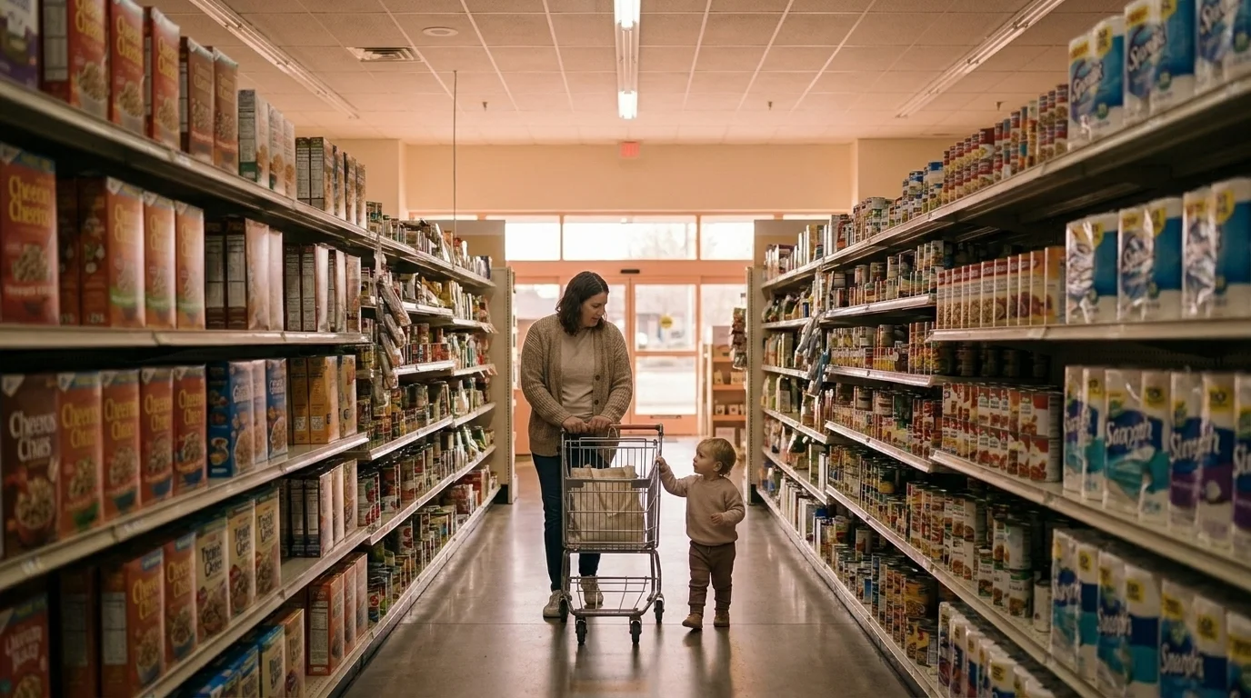 Dimmed grocery aisle during sensory-friendly shopping hours as a parent and young child shop unhurried in soft morning light
