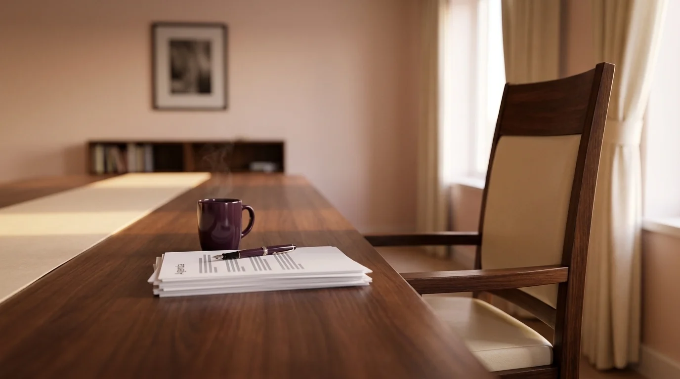 Empty wooden chair at the head of a long boardroom table in soft window light, papers and a coffee cup at the place setting