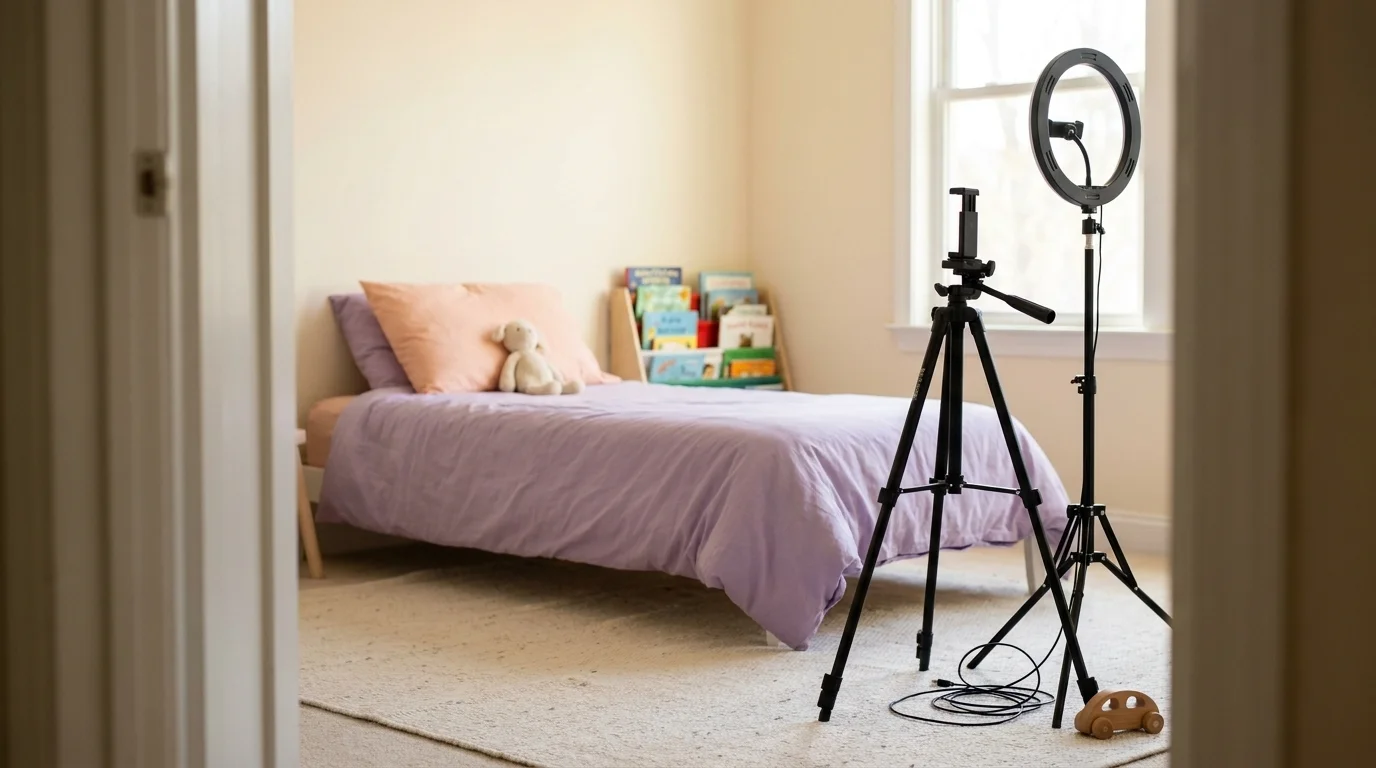 Empty child's bedroom with a tripod and ring light in the corner in soft natural light, no children present