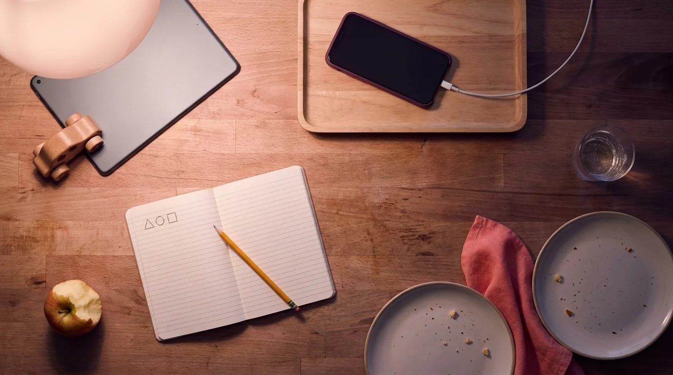 Overhead view of an evening kitchen counter with a family iPad face-down and phone charging on a tray beside dinner plates