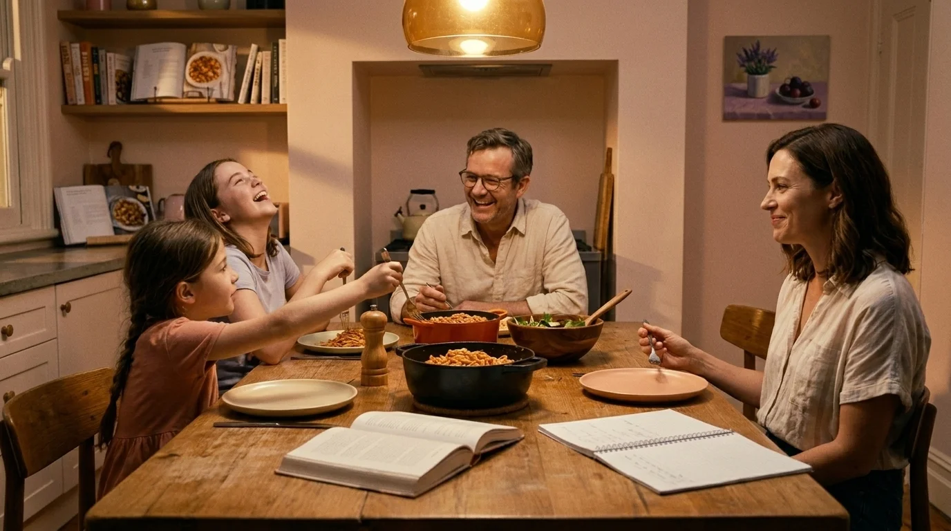 Family of four at a wooden dinner table at dusk, books beside the food — one of many family identity examples