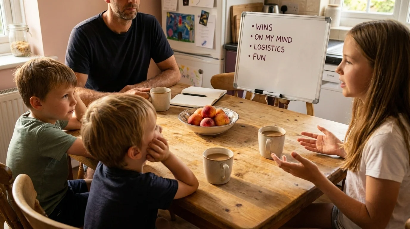 Father and three children at a kitchen table, whiteboard agenda — Wins, On My Mind, Logistics, Fun — behind them
