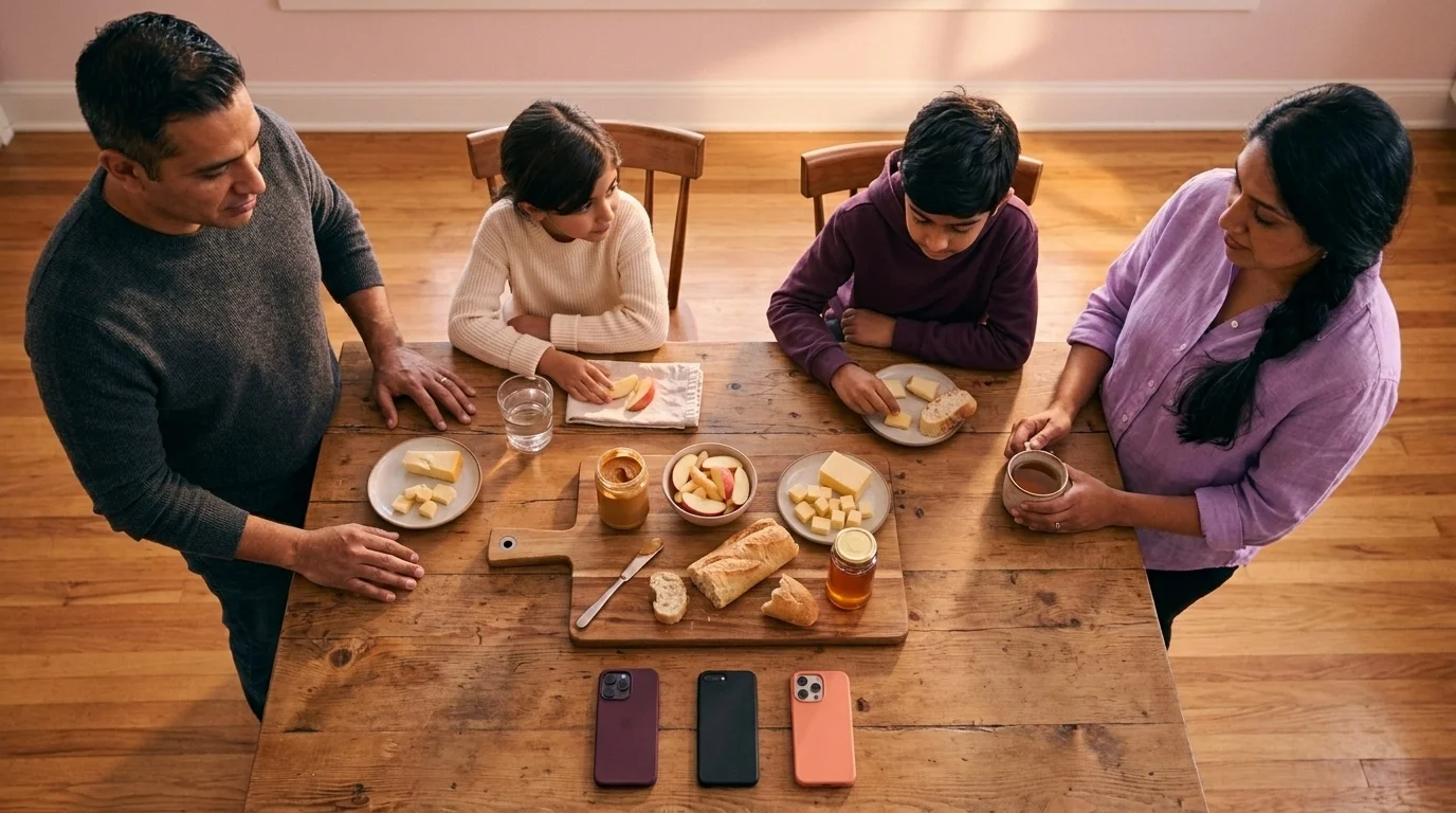 Overhead view of a family of four sharing after-school snacks with phones face-down, a 15-minute family bonding ritual