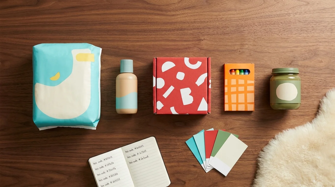 Overhead flat-lay of family-product packaging in cyan, red, green and cream on a neutral background