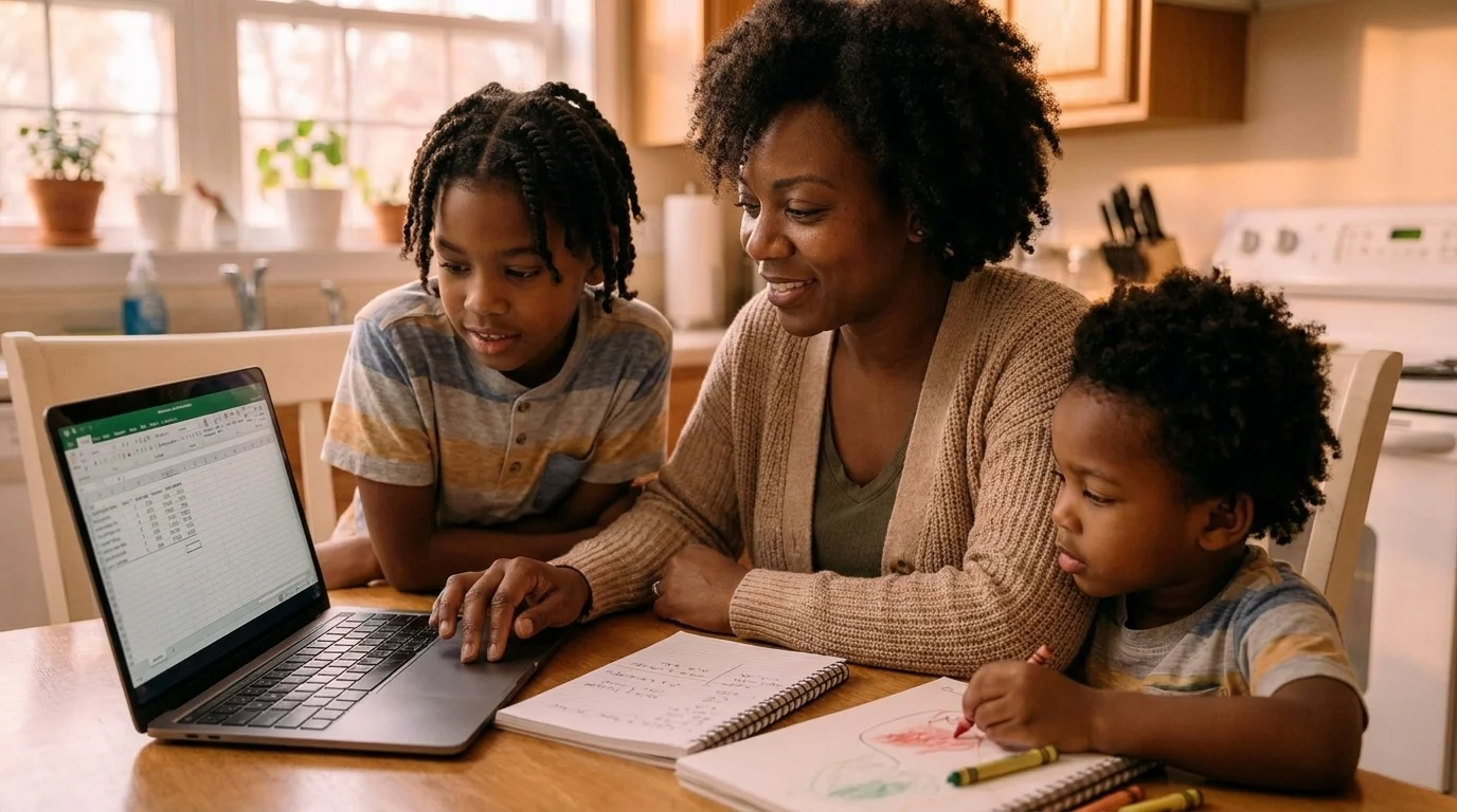 Mother and her two children working together at a kitchen table with a notebook and laptop on a family plan
