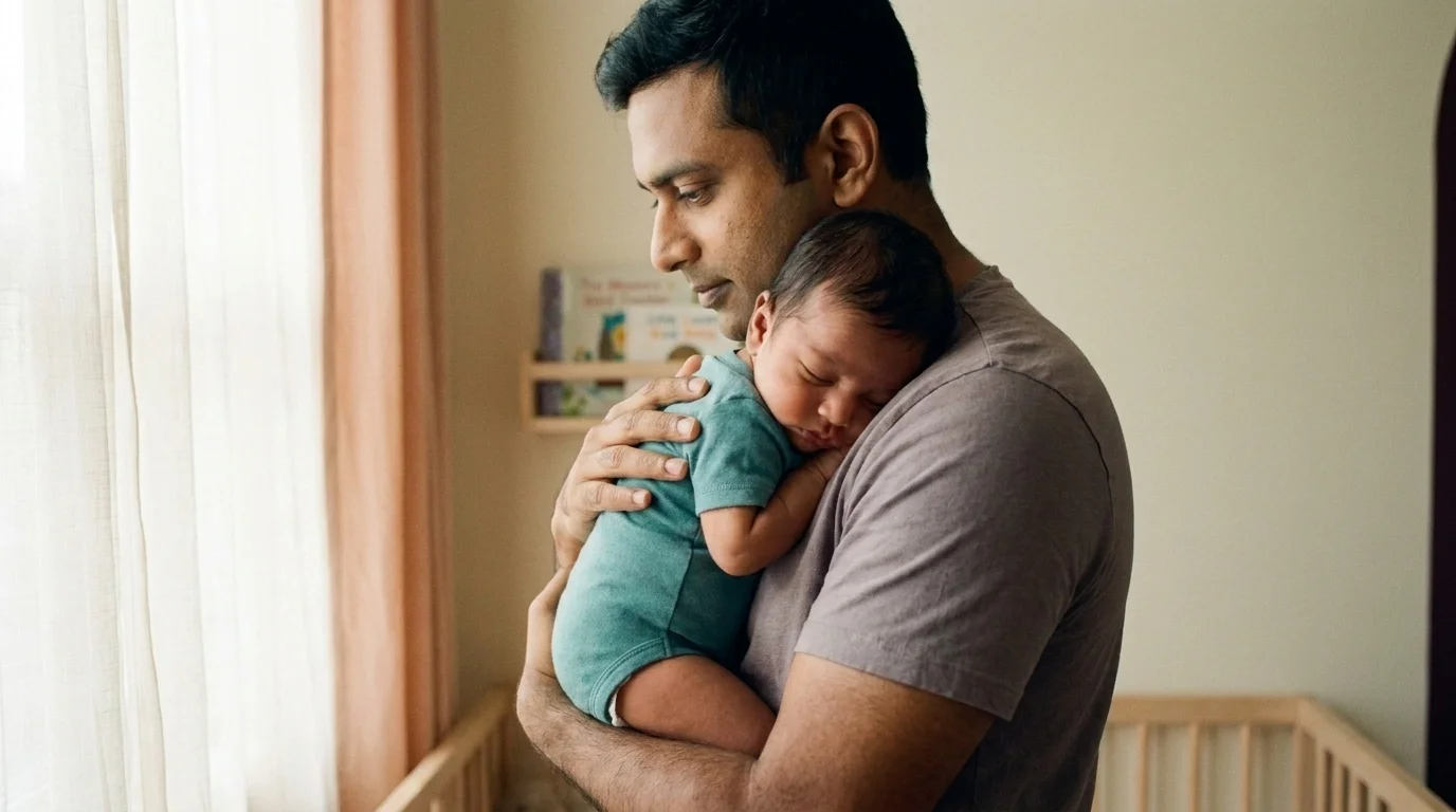 Father holding his sleeping baby against his shoulder in soft window light in an ordinary, calm room