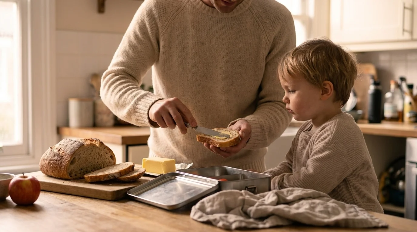 Father making a packed lunch at the kitchen counter while his young child watches in soft morning light