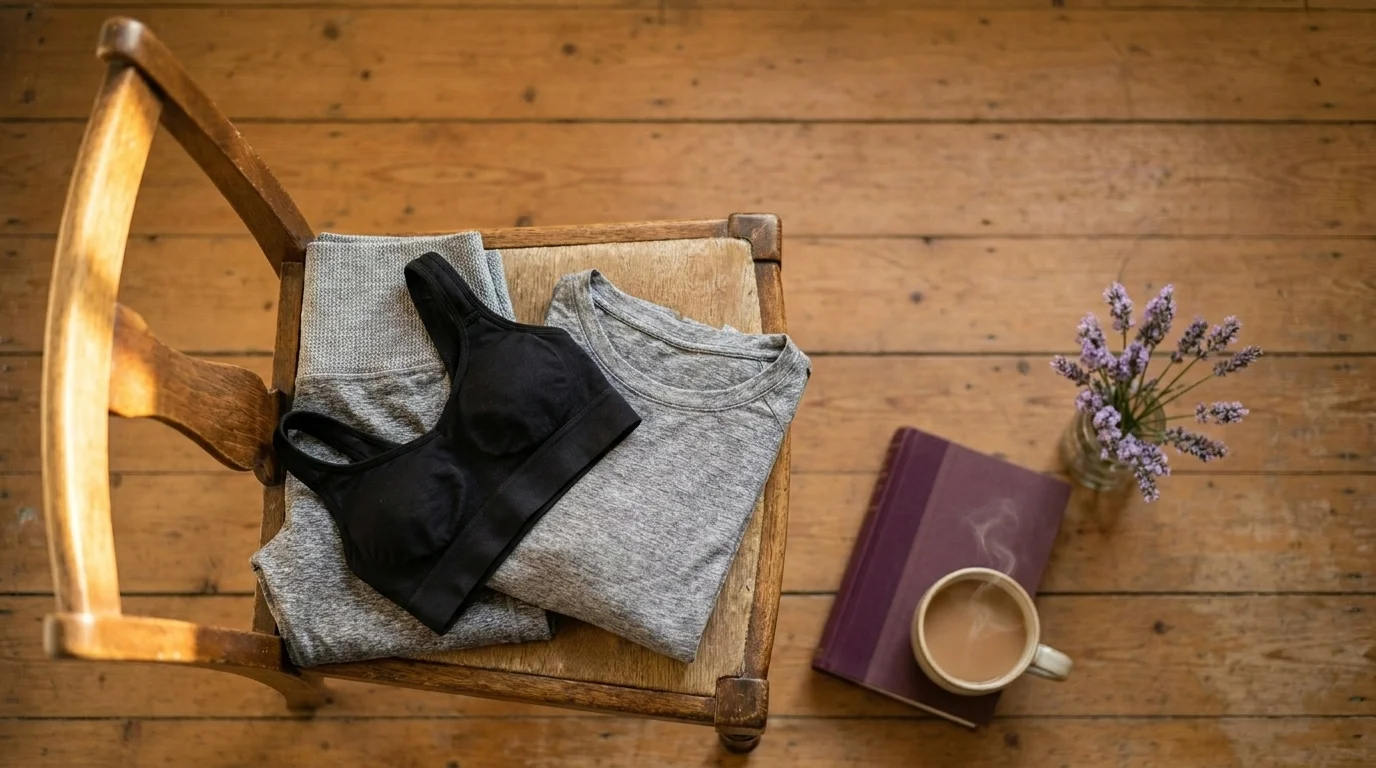 Flat-lay of folded maternity activewear on a wooden chair — grey leggings, black bra, long sleeve, hardback book and tea