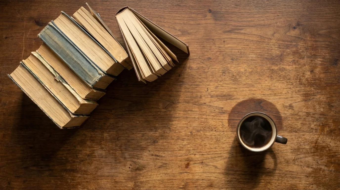Overhead flat-lay of well-worn novels stacked on a walnut desk beside a black coffee mug in warm side-window light