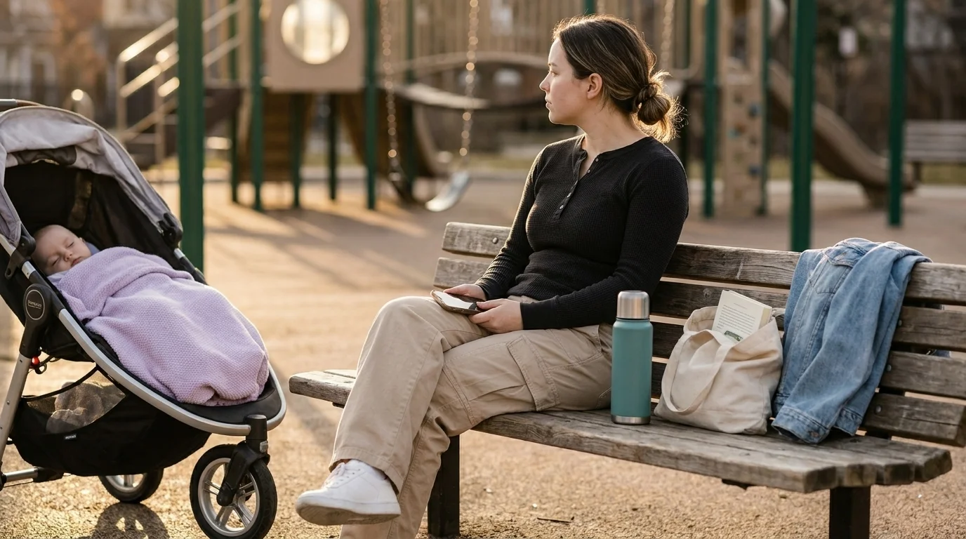 Late-20s parent on a sunlit playground bench with a thermos and tote, phone face-up in their lap and eyes on the playground