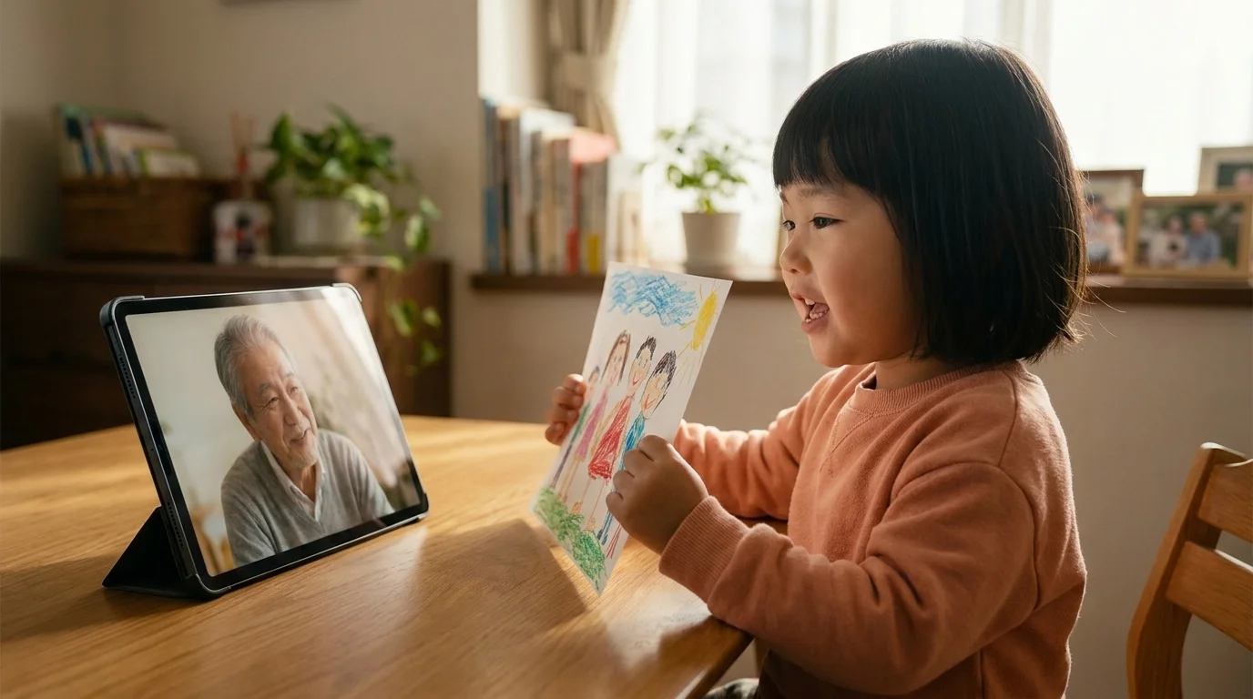 Young child holds up a drawing to a grandfather on a video call, speaking their heritage language