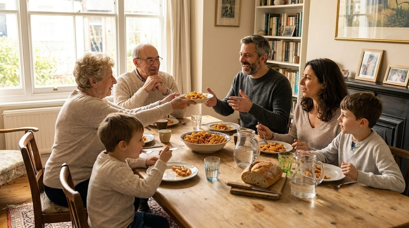 An Italian multigenerational family of three generations sharing Sunday lunch around a long table in daylight