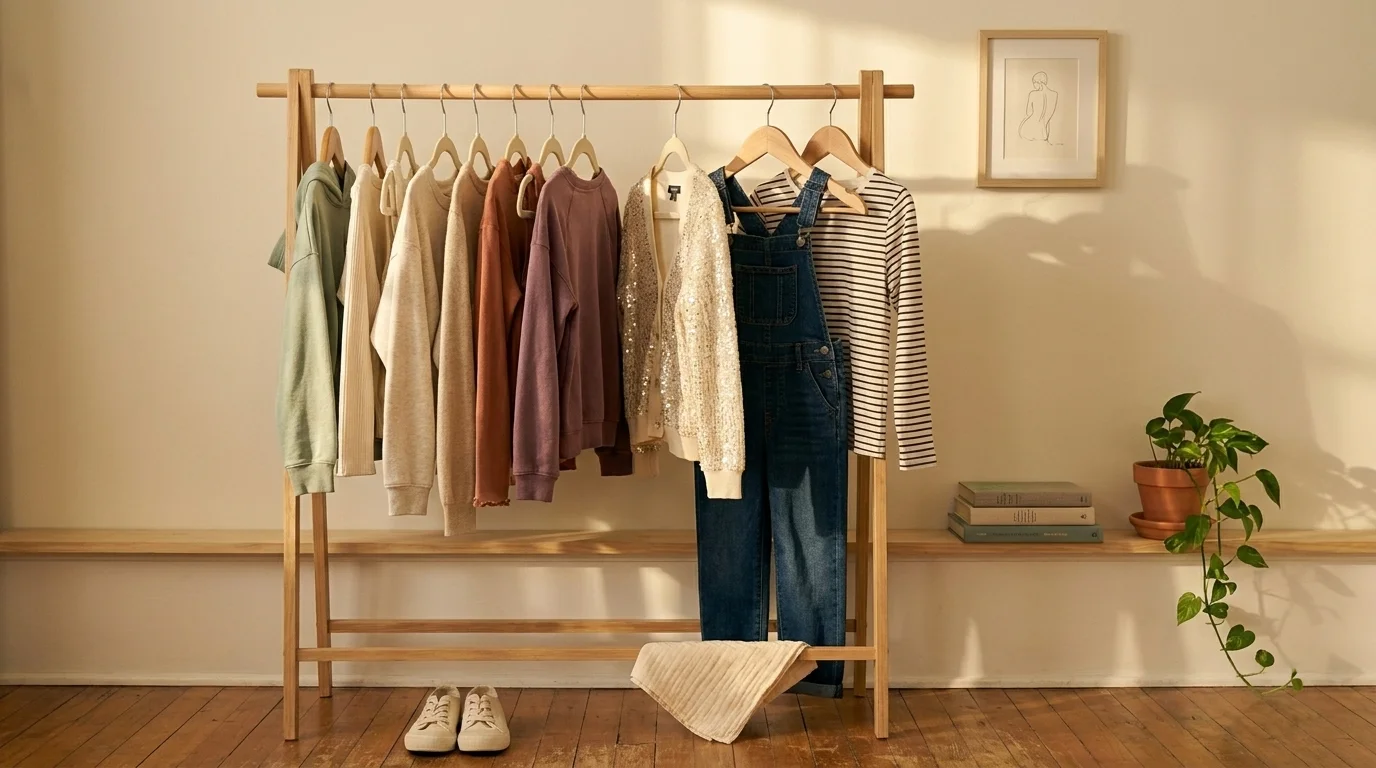 Kids' bedroom clothing rack with muted earth-tone tops, a sequinned cardigan, denim overalls and small trainers in side light