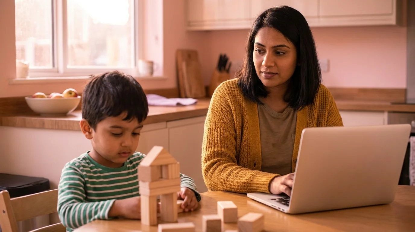 A mother working on a laptop at a sunlit kitchen table while her young son builds with wooden blocks nearby