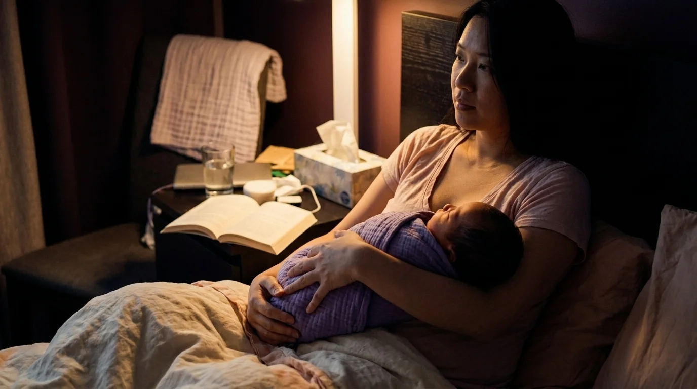 Mother holding her sleeping newborn against her chest in a dim bedroom in the small hours, face turned away