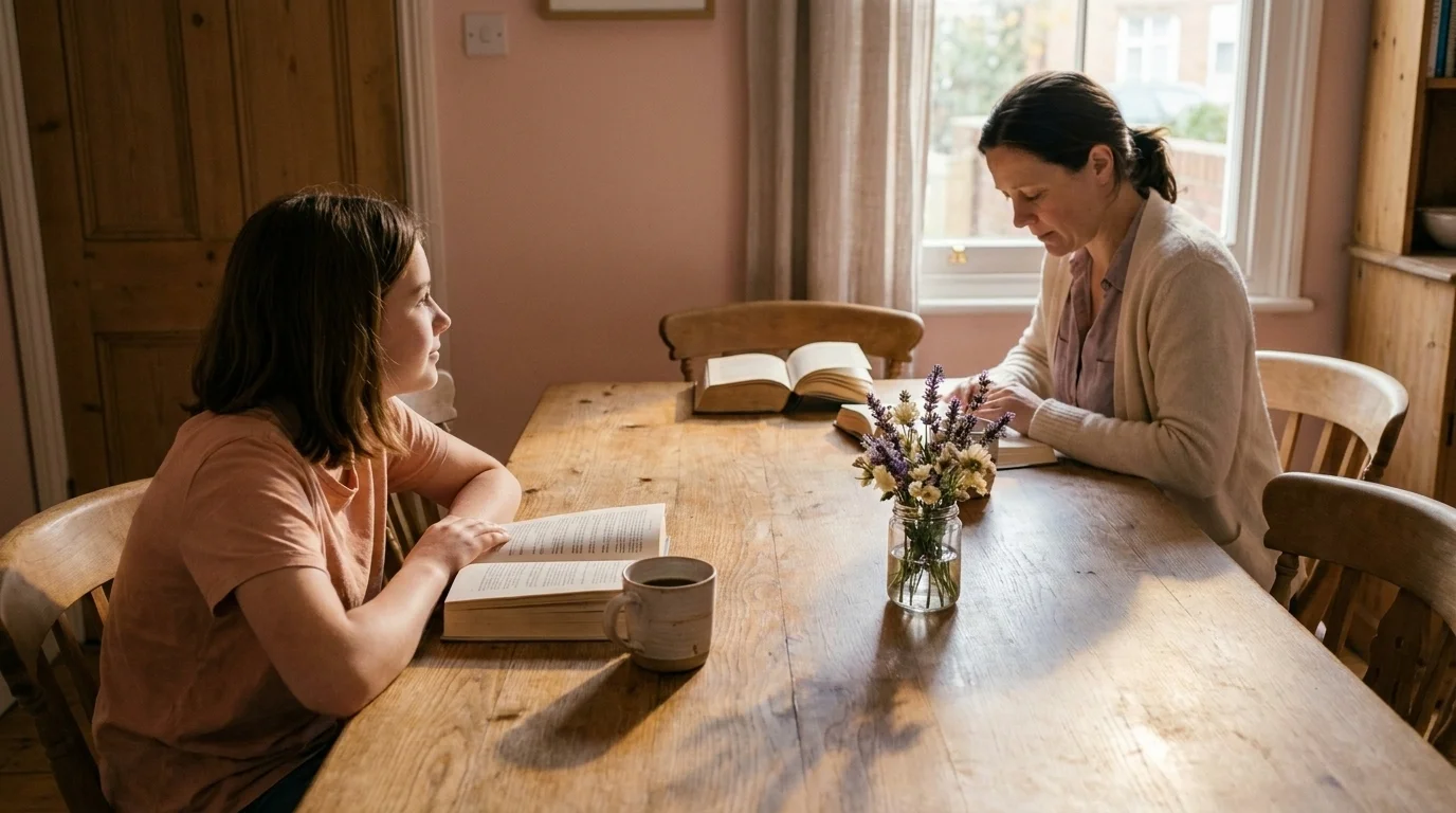 Mother and teenage daughter at a kitchen table reading novels about mothers and daughters in late-afternoon light