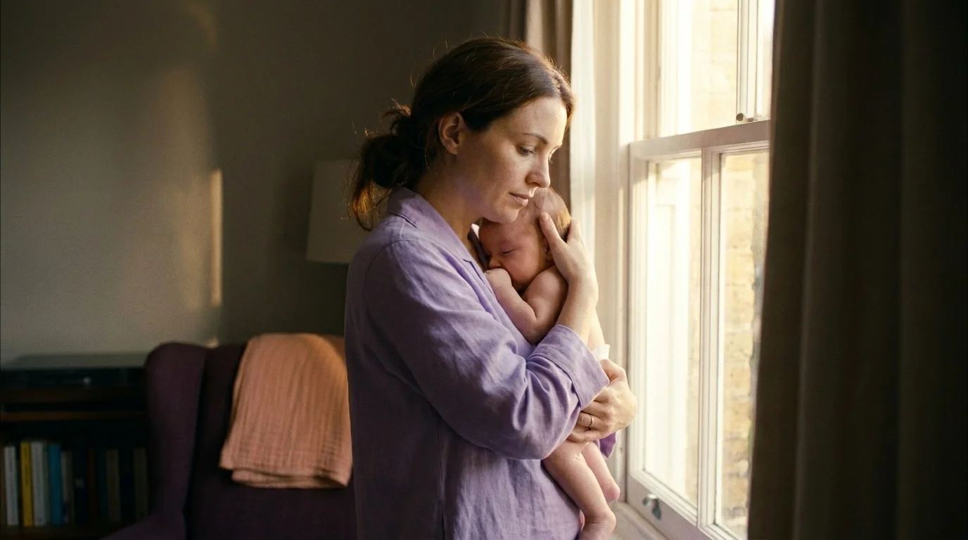 Mother mid-thirties at a window holding her infant in morning backlit light — the lived experience of becoming a mother