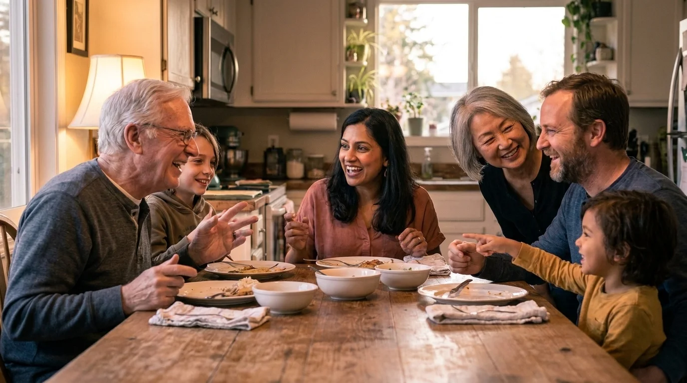 Multigenerational mixed-heritage family talking and laughing around a kitchen table after a meal