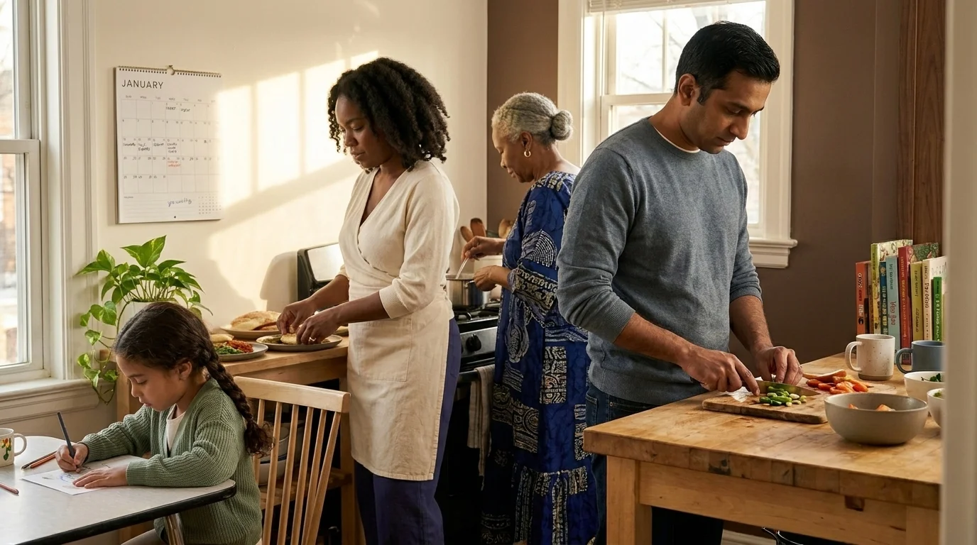 Multigenerational kitchen scene — grandmother stirring a pot, father chopping, mother plating, child colouring at the table