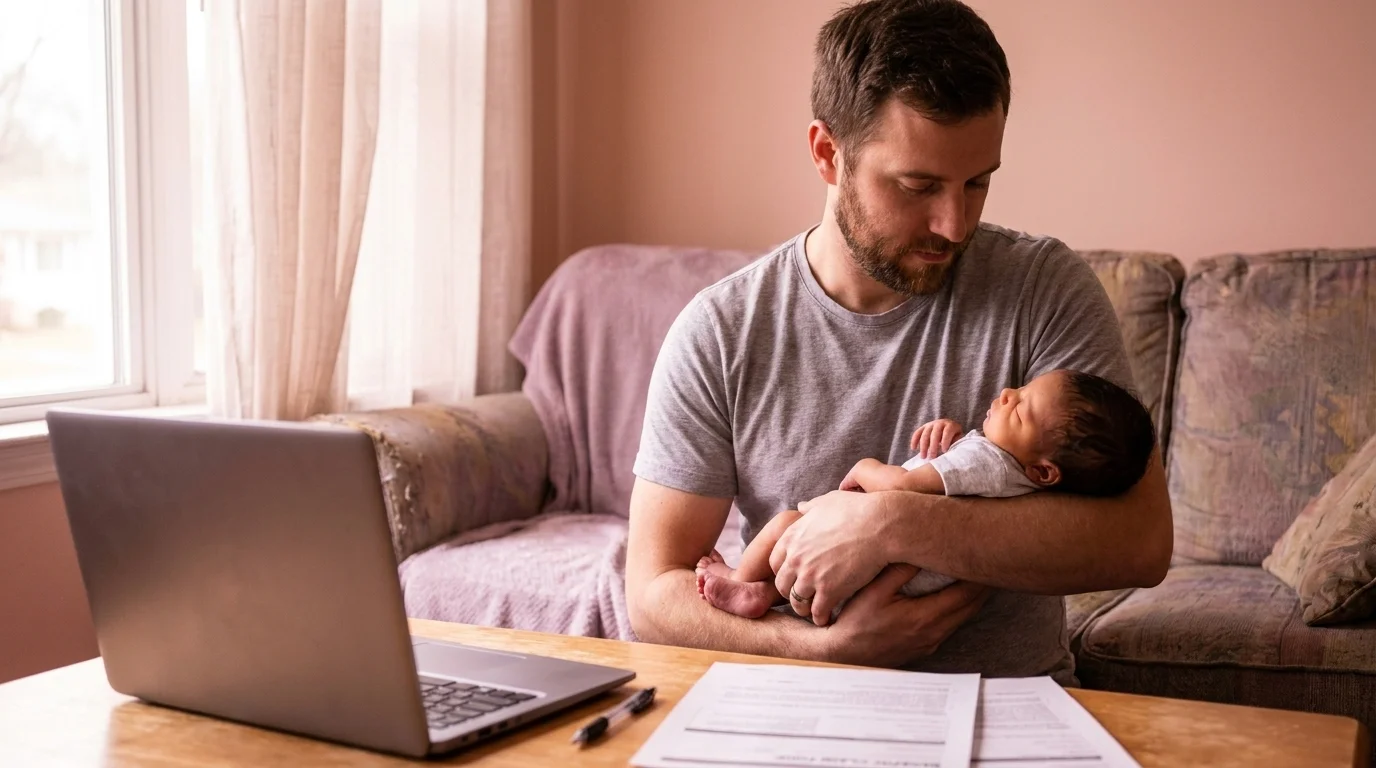 A new father cradling his newborn on the sofa with a laptop and printed benefit forms on the coffee table