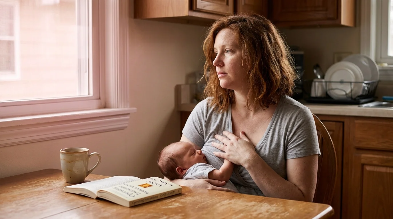 A tired new mother at a kitchen table with a sleeping newborn on her chest, cold tea and an open book, gazing out the window