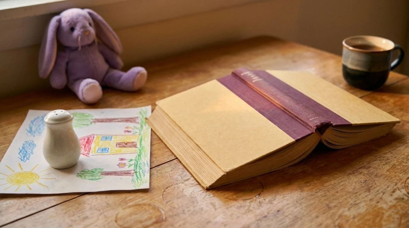 Open hardcover book face-down on a kitchen table beside a salt shaker holding down a child's crayon drawing and a soft toy