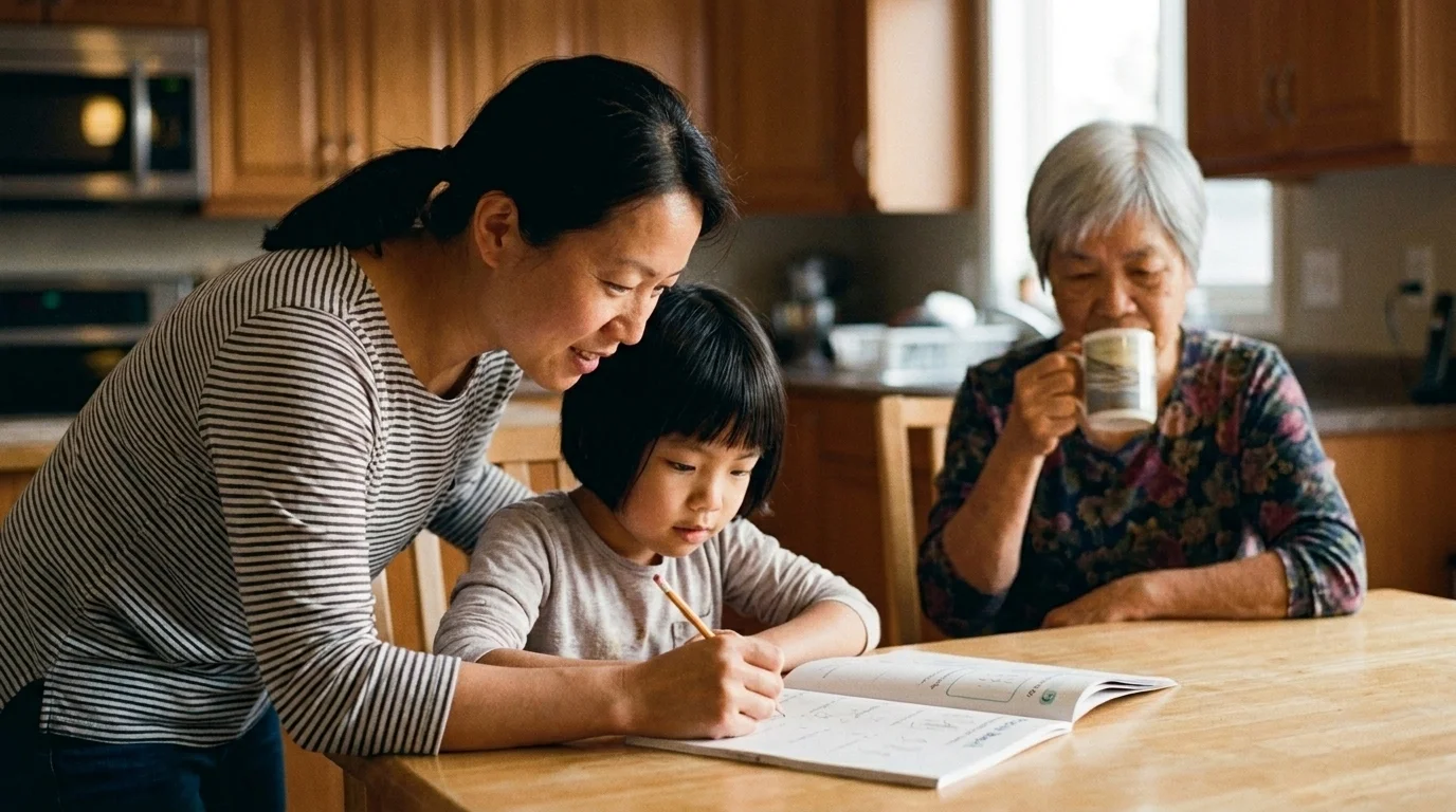 Parent helping a school-age child with homework at the table while a grandparent sits quietly nearby in warm light