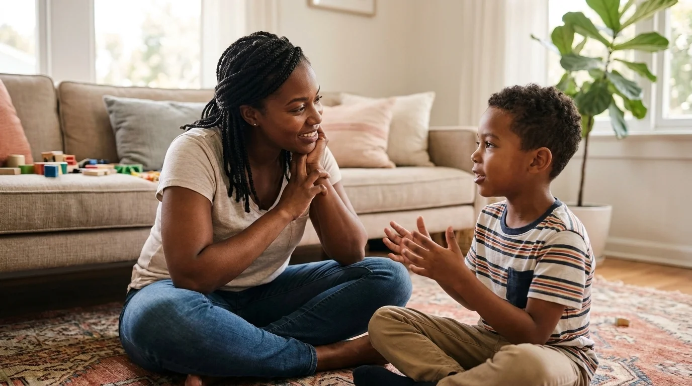 A parent sitting on the living-room floor at eye level with a school-age child, listening during a real conversation