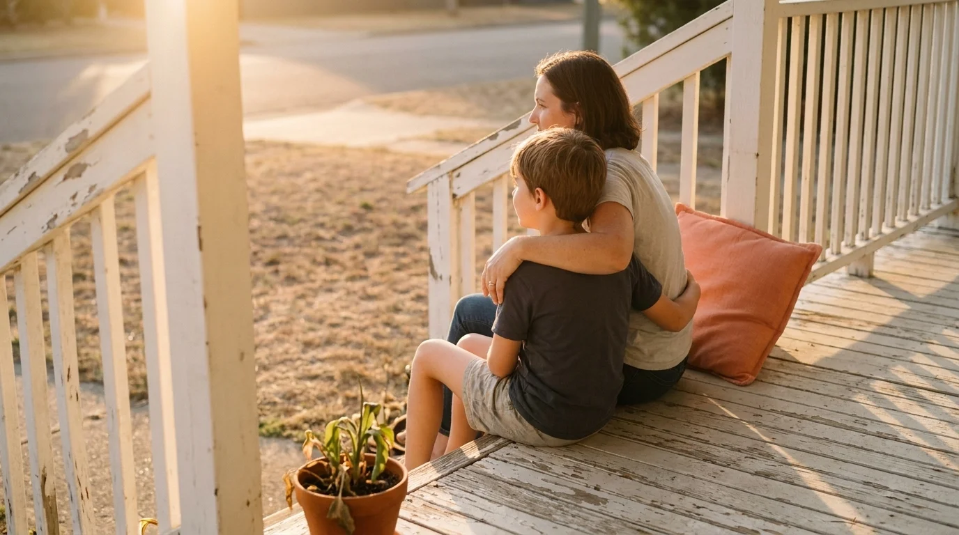 Parent and school-age child sitting side-by-side on a porch step at sunset with parent's arm around the child's shoulders