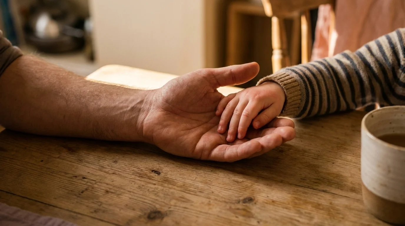 A parent's open hand on a kitchen tabletop as a small child's hand begins to settle into it, fingers barely closed