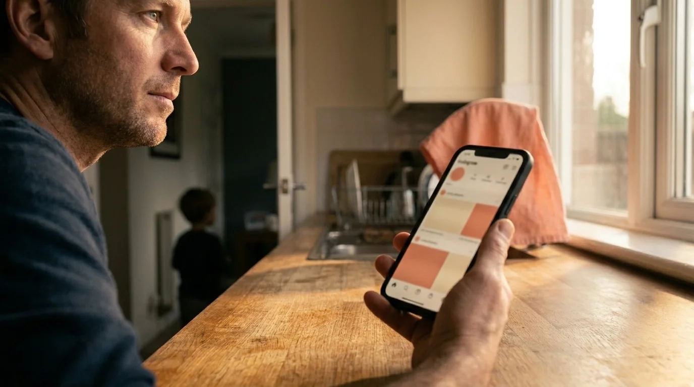 Parent in late-afternoon kitchen light holding a phone showing a softly out-of-focus social-media feed